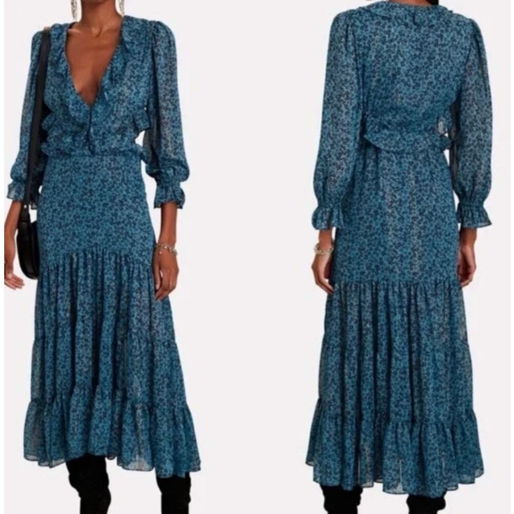 Misa Los Angeles Dress XS Amelia Midi Blue Floral Ruffle Boho Romantic Flowy Chi - Picture 4 of 16